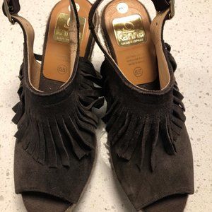 Brown Suede Wedge Sandals with fringe- size 6.5/37